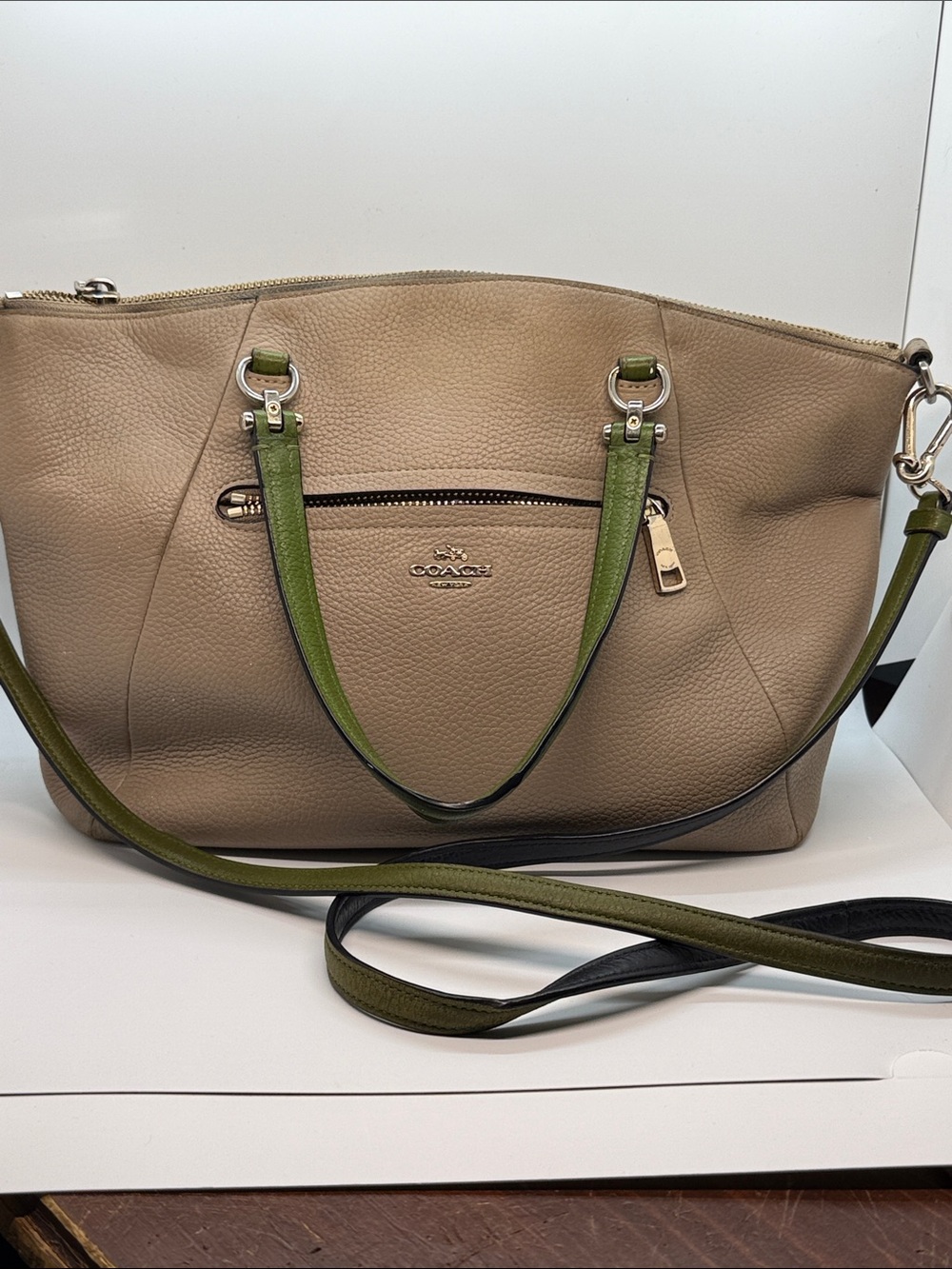 Coach Prairie Sachel in Pebble with Green Crossbody Strap and Handles